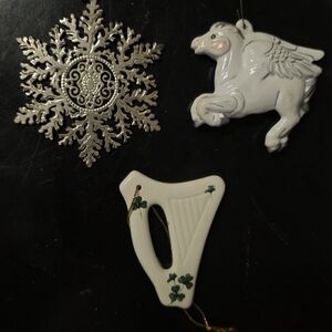 Silver Snowflake, White Pegasus, Irish Harp Ornament Set